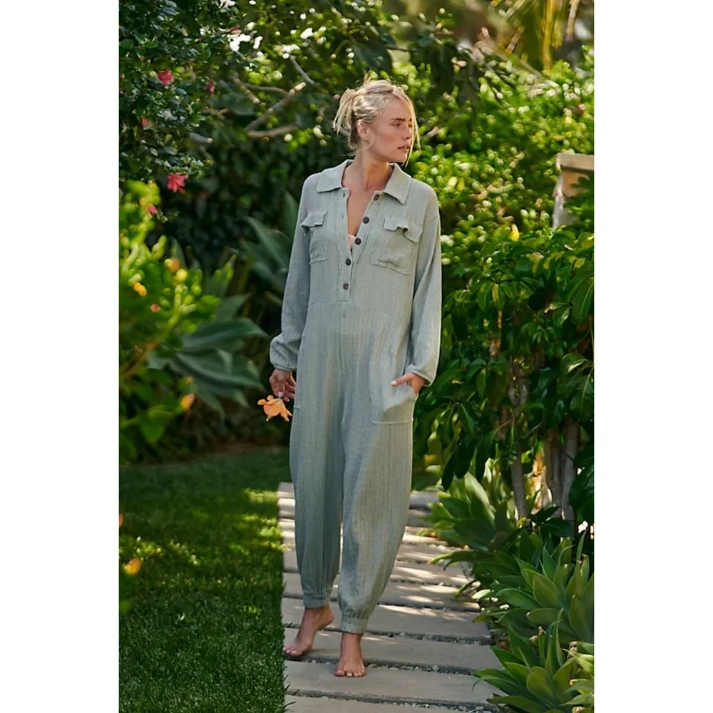 Free People Beach Calico One Piece Utility Jumpsuit - Sage Green
